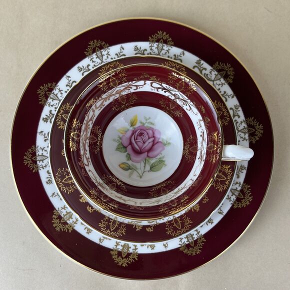 VTG Royal Grafton Bone China Burgundy Gold Rose Teacup Saucer Plate Trio England - Picture 3 of 12